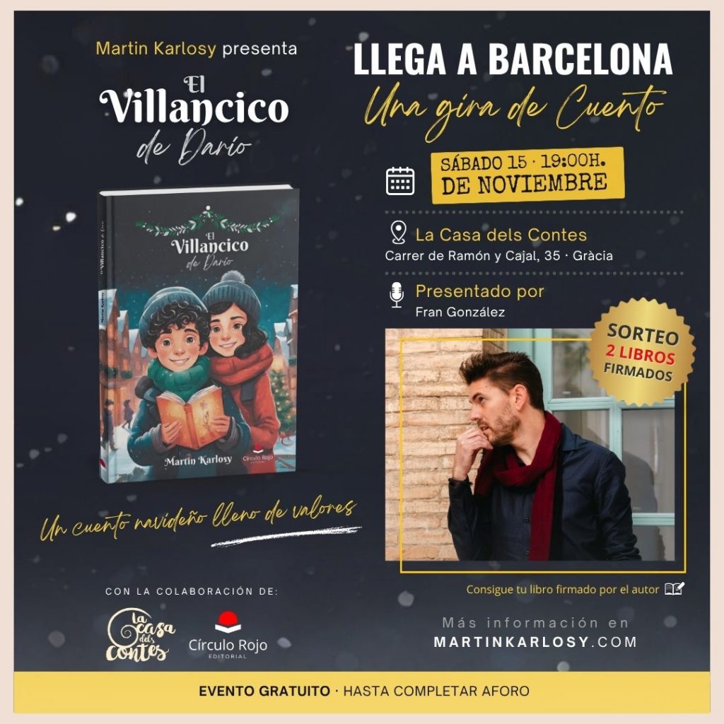 Cartel oficial de la presentación de El Villancico de Darío en Barcelona, el 15 de noviembre de 2025, con Martin Karlosy y Fran González en La Casa dels Contes.