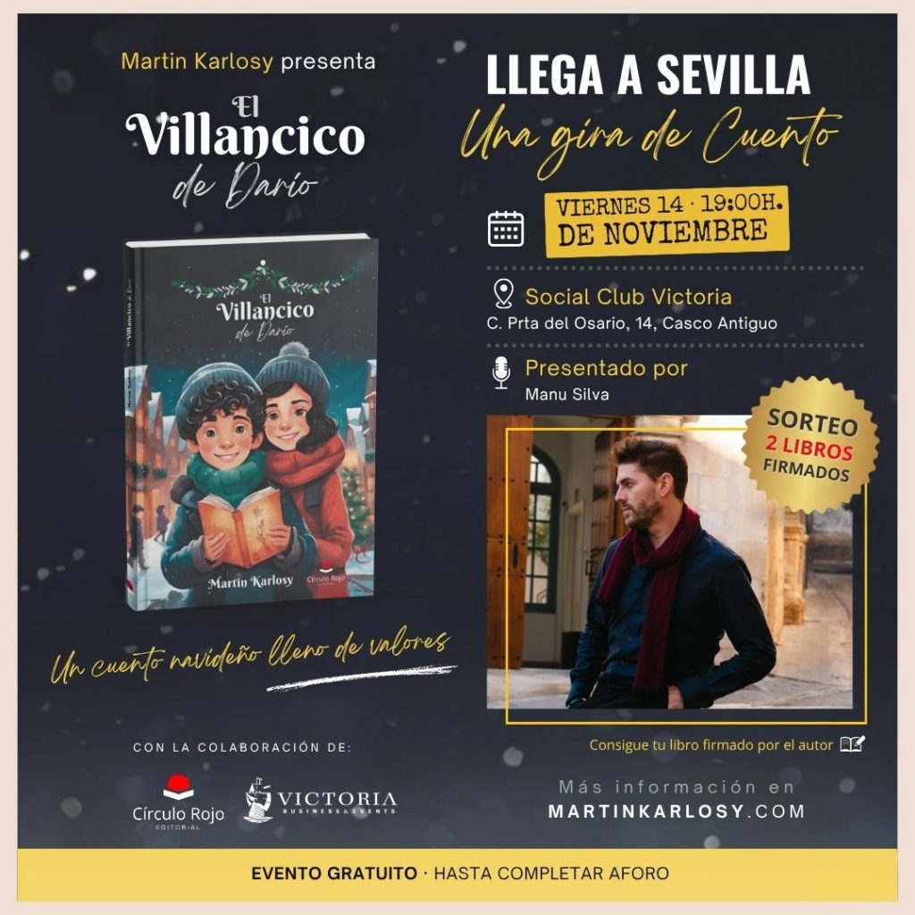 Cartel oficial de la presentación de El Villancico de Darío en Sevilla, con Martin Karlosy, en Social Club Victoria el 14 de noviembre de 2025.
