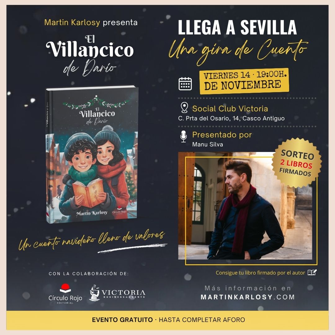 Cartel oficial de la presentación de El Villancico de Darío en Sevilla, con Martin Karlosy, en Social Club Victoria el 14 de noviembre de 2025.